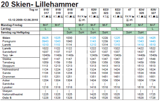 Utdrag av rutetabell for tog mellom Skien og Lillehammer.